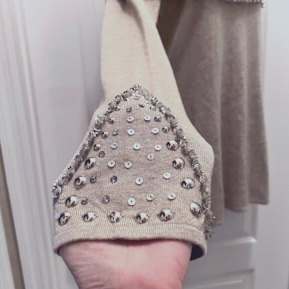 Colour Works-Women's Tan/Cream/Crystals/Beads/Studs Sweater-Off Shoulder-Festive - Picture 7 of 14